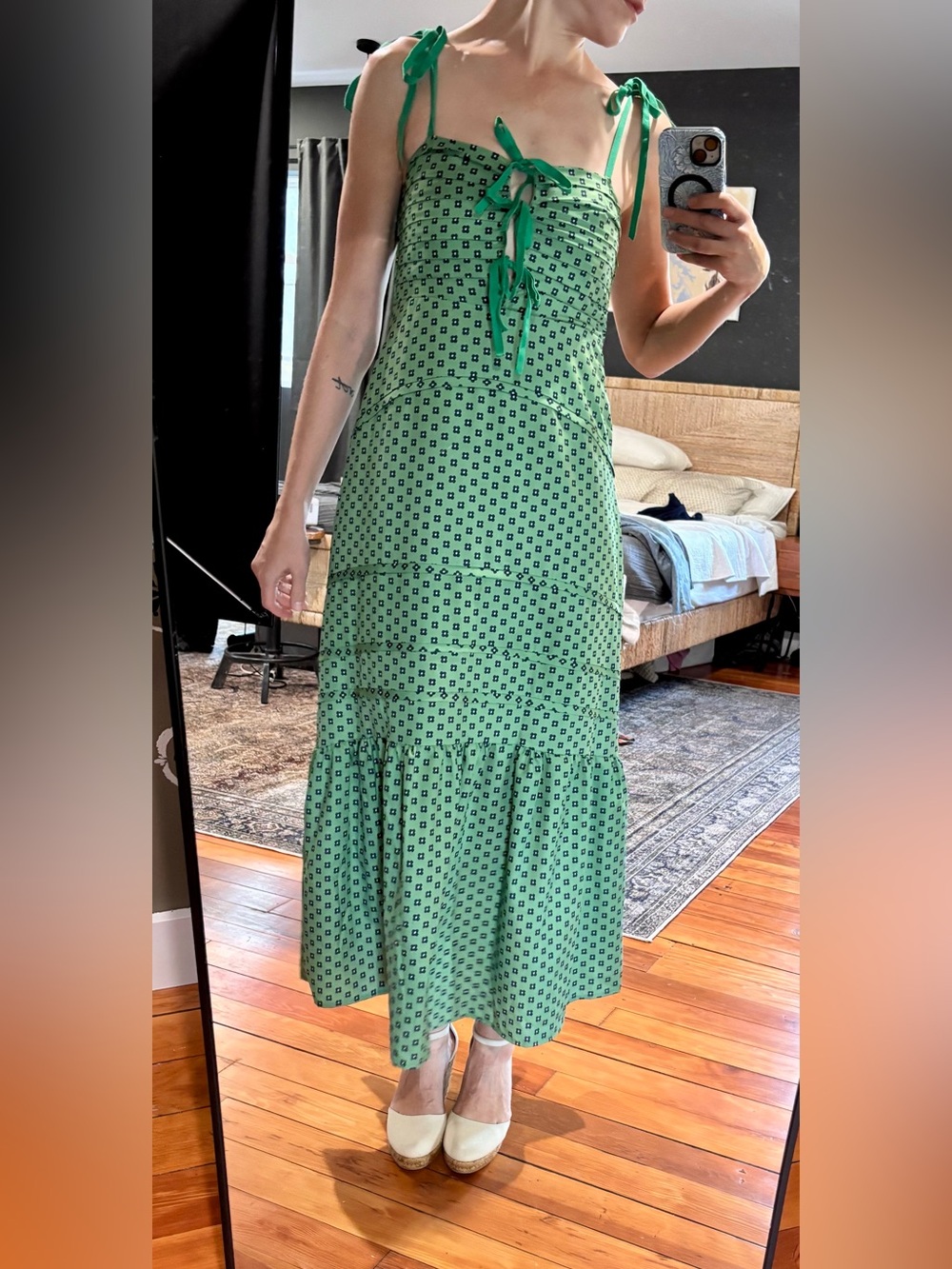 Green Printed Free People -like Tie-Shoulder Sundress